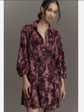 Maeve The Bettina Pink Floral Corduroy Cotton Tiered Mini Shirt Dress Size XL